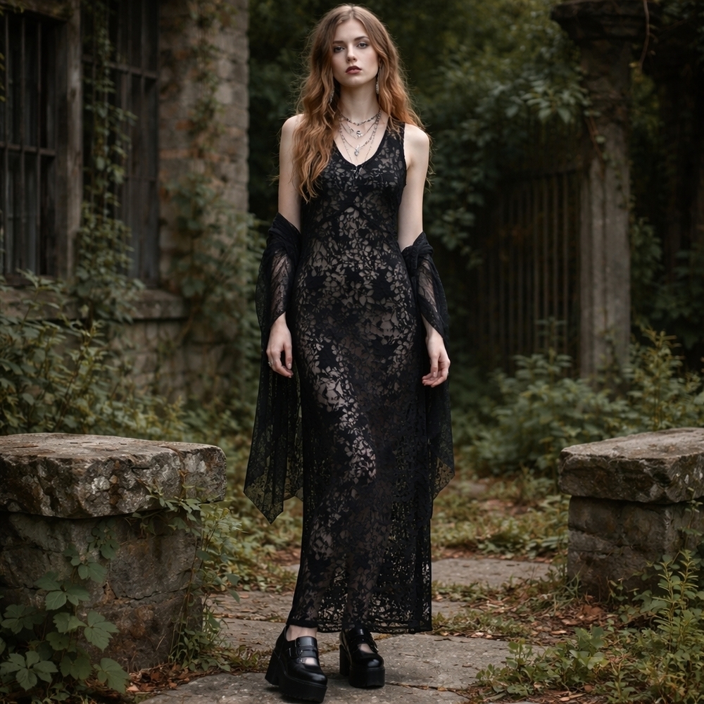 Vtg Express Y2K Black Unconventional Lace Maxi Babydoll Whimsigoth Dress 1/2